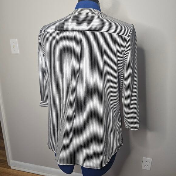 Kim Rogers Navy White Stripe Button down blouse with sleeve roll button closure - Picture 4 of 8